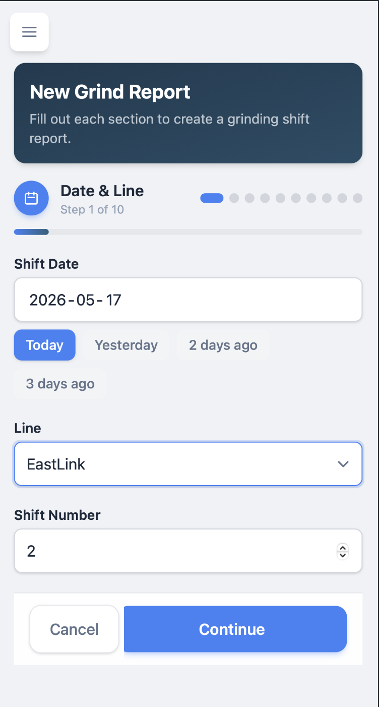 RailView mobile reporting form showing guided step-by-step shift report entry